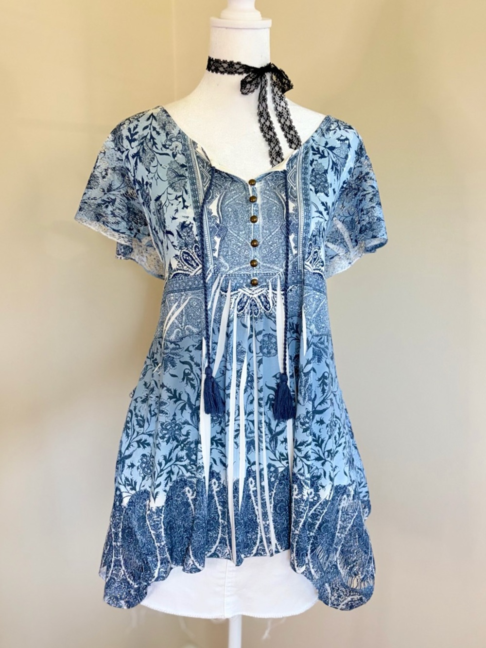 Vintage Y2K fairy boho grunge floral paisley lace blue tunic blouse festival XL